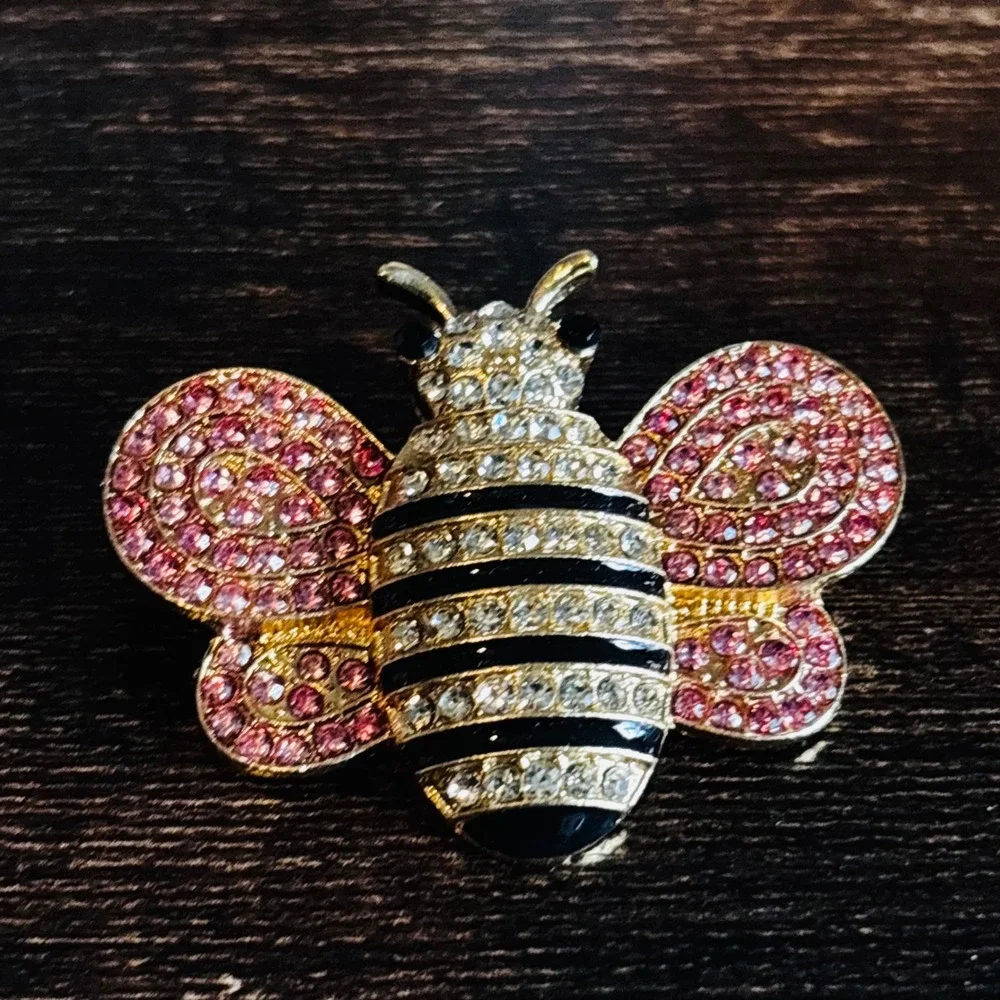 Gold Tone Pink Rhinestone Bumblebee Brooch Crystal Insect Black Enamel Stripe